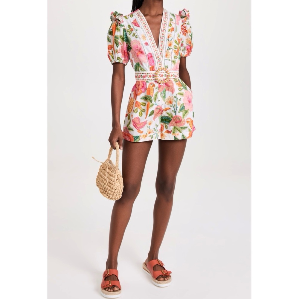 NWT FARM Rio Pink, Green & Orange Tropical Floral Belted Romper - Picture 14 of 15